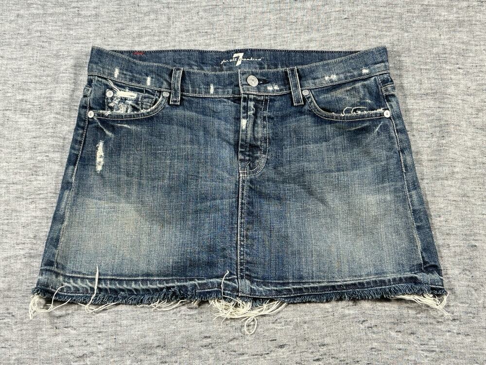 7 For All Mankind Mini Skirt Womens 28 Blue Faded Denim Stitch Pockets Distress
